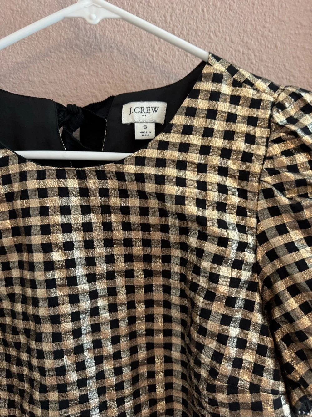 J.Crew Metallic Gold Gingham Puff Sleeve Blouse